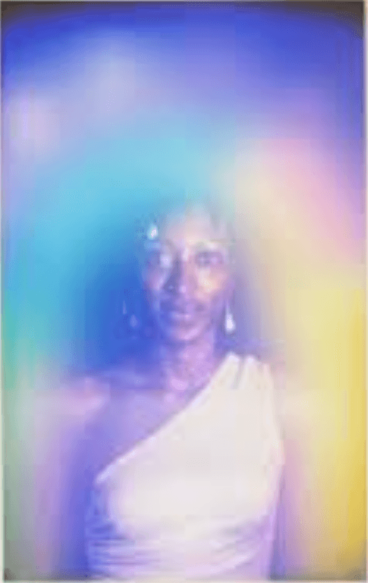 Aura portrait of a person in a white one-shoulder top surrounded by a blue, violet and gold aura